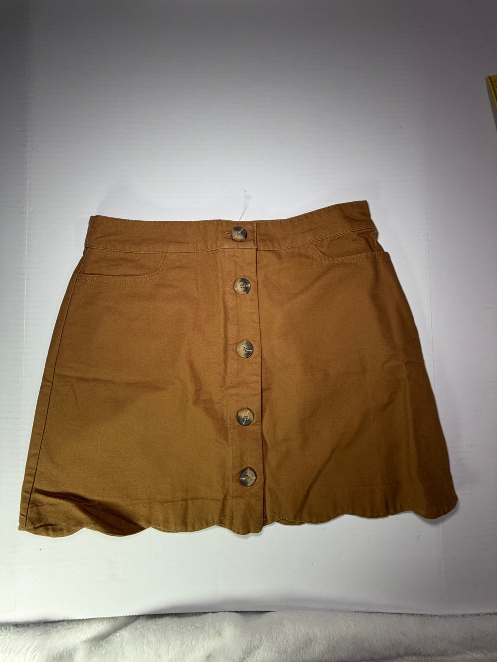 mine Button-Front Scallop Hem Mini Skirt in Camel NWOT